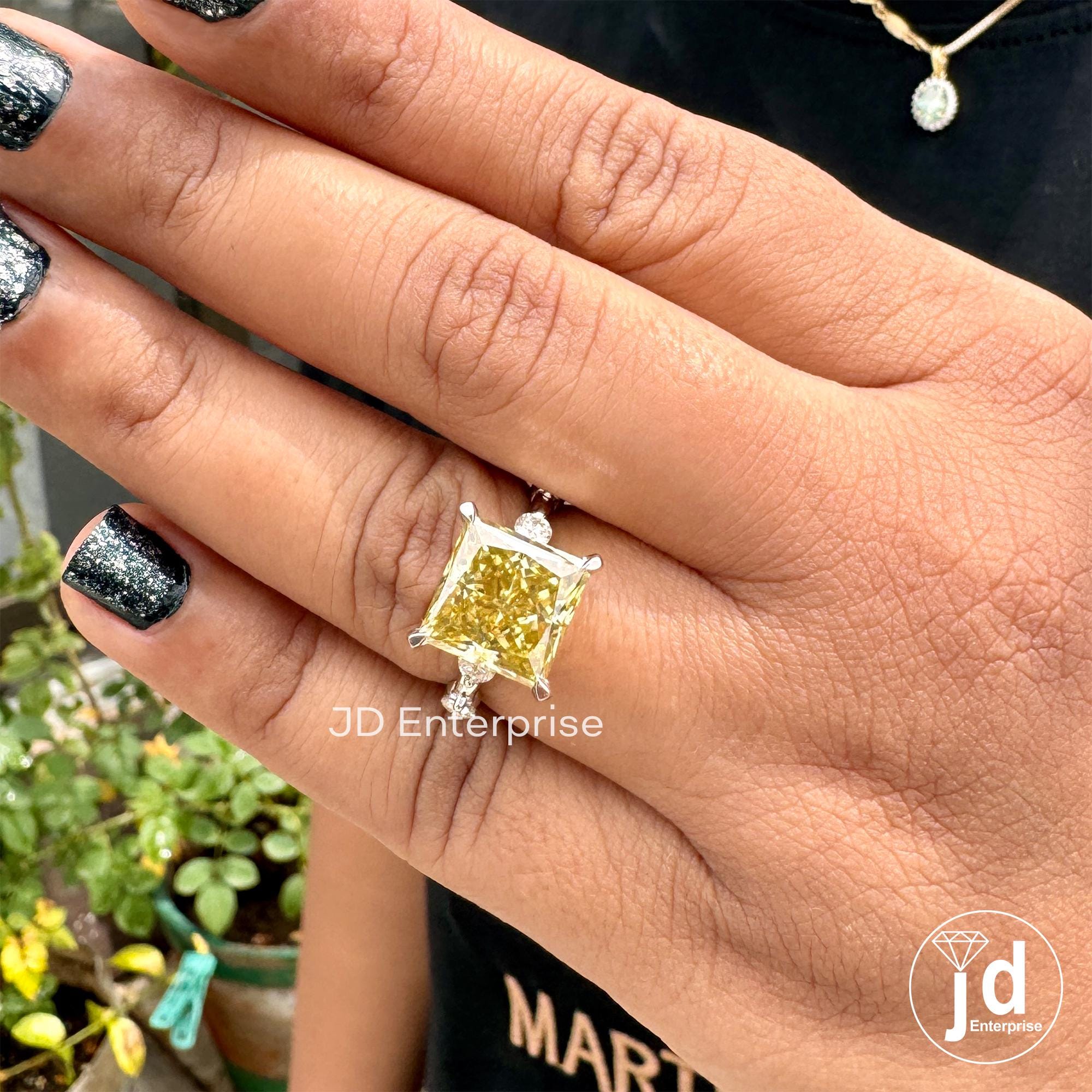 5.35 CT Princess Cut Canary Yellow Moissanite Engagement Ring, Anniversary Gift Ring for Her, Distance Pave Wedding Ring, Best Proposal Ring