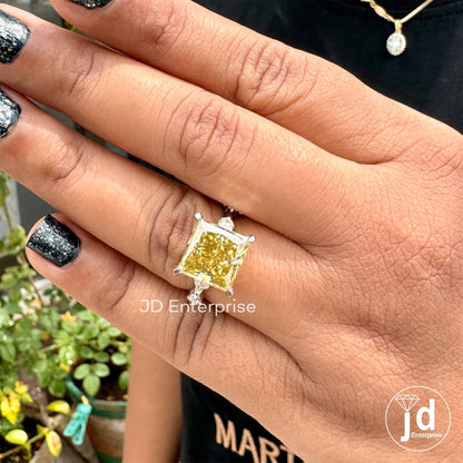 5.35 CT Princess Cut Canary Yellow Moissanite Engagement Ring, Anniversary Gift Ring for Her, Distance Pave Wedding Ring, Best Proposal Ring