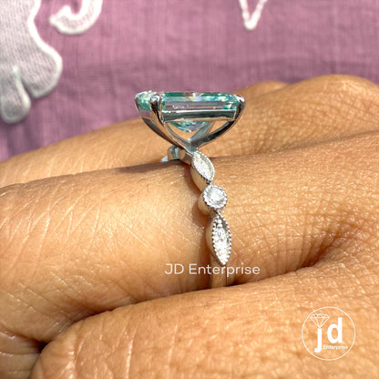 3.00 CT Cyan Blue Radiant Cut Engagement Ring, Milgrain Wedding Ring, Promise Ring, Bridal Ring, Anniversary Gift Ring, Claw Prong Setting