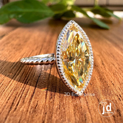 Milgrain Bezel Set Engagement Ring, Marquise Cut Canary Yellow Moissanite Ring, Solitaire Wedding Ring for Her, Rope Design Twisted Band