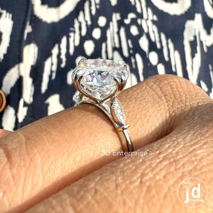 Vintage Style Engagement Ring, Large 7.00 CT Portuguese Cut Moissanite Fishtail Prong Ring, Cathedral Milgrain Bride Ring, Anniversary Gift