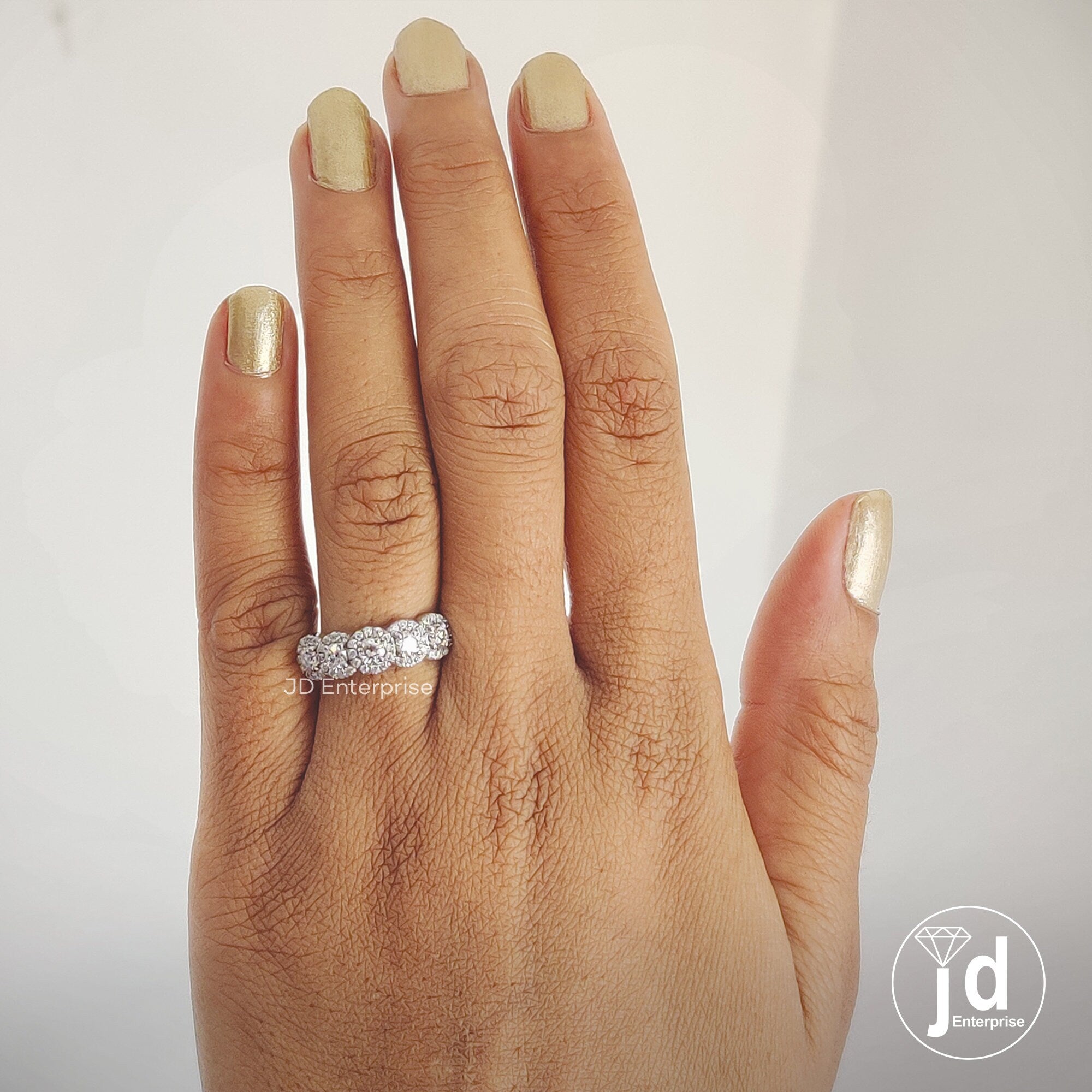 Five Stone Moissanite Wedding Band, 3 MM Round Old European Cut Engagement Ring, Halo Ring, Basket Set Ring, Vintage Moissanite Band