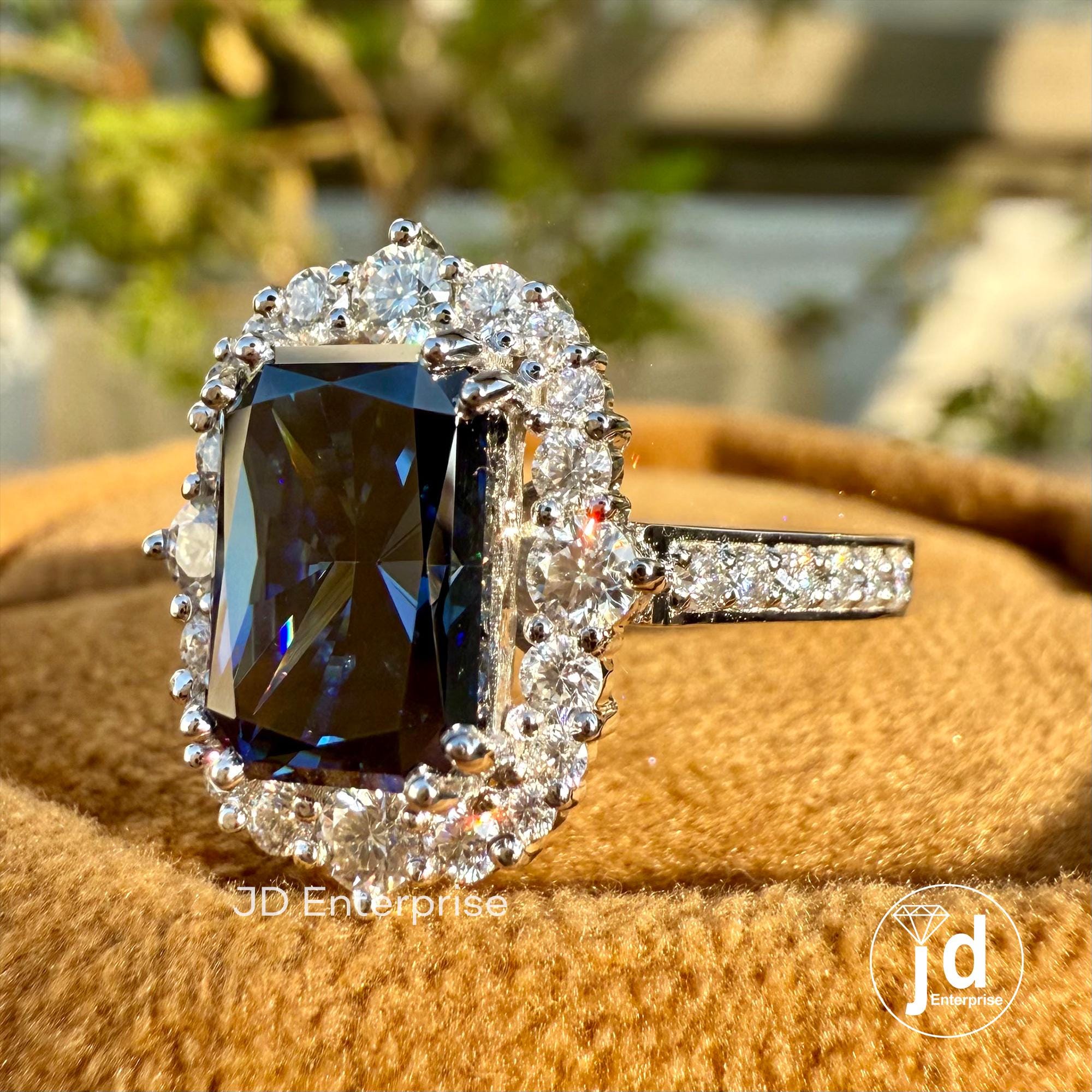 Vintage Engagement Ring, 3.12 TCW Radiant Cut Dark Blue Moissanite Wedding Ring, Flower Style Halo Ring, Double Prongs, Anniversary Gift