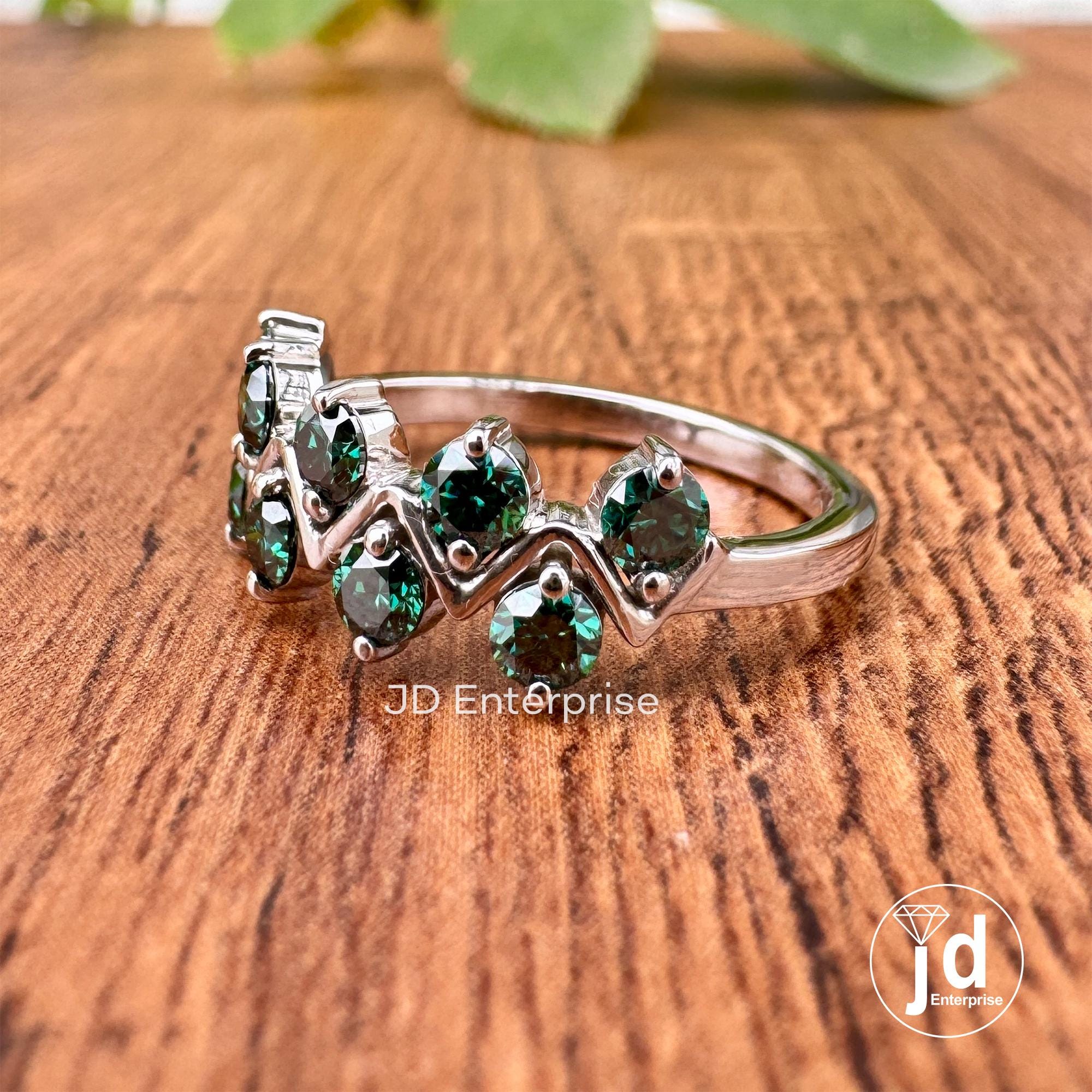 3.00 MM Round Cut Dark Green Moissanite Wedding Band, Half Eternity Anniversary Band, Matching Zigzag Band, Comfort Fit Engagement Band