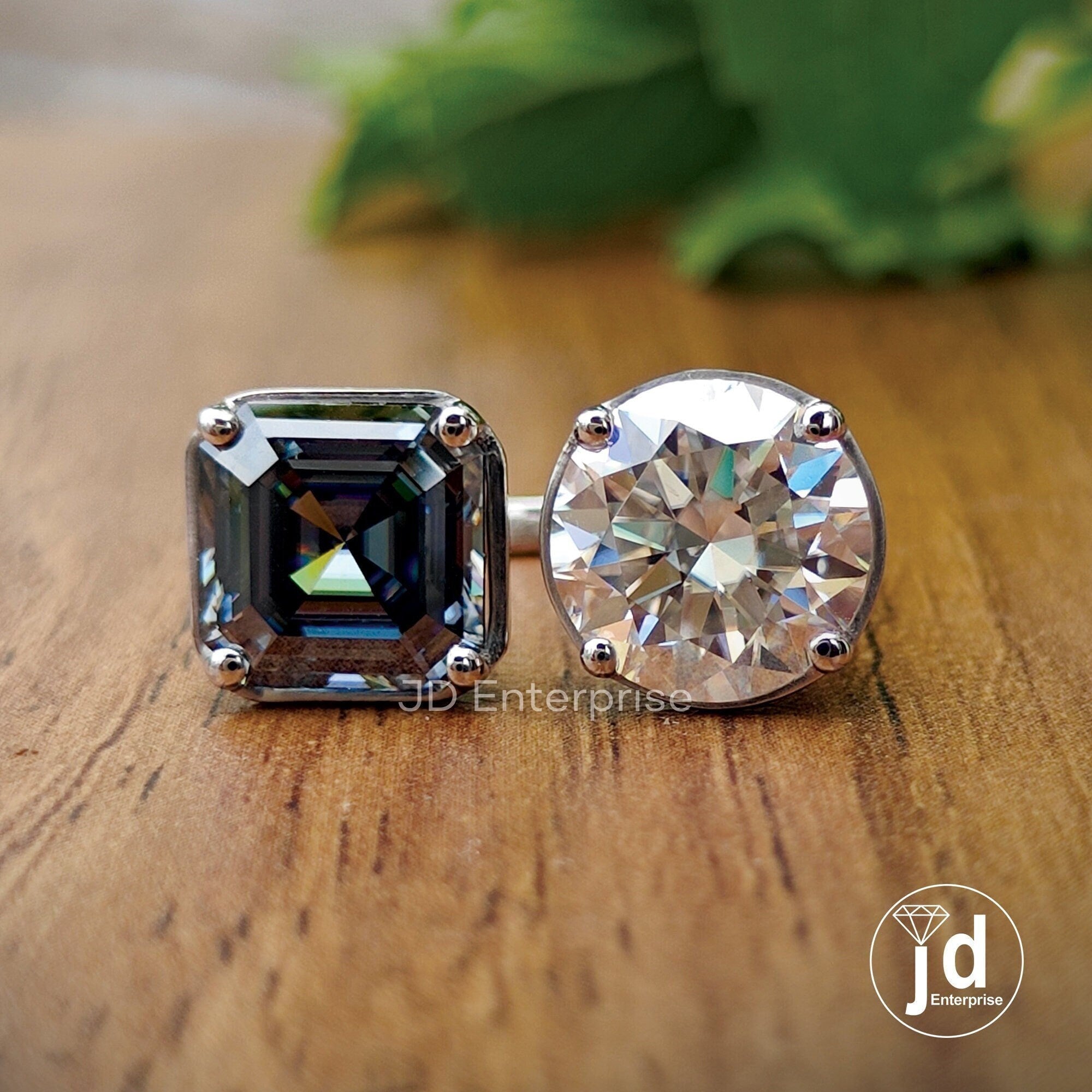 6.10 TCW Colorless Round & Dark Grey Asscher Cut Moissanite Engagement Ring, Two Stone Wedding Ring, Basket Set Toi at Moi Open Gap Ring