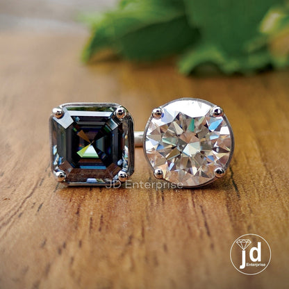 6.10 TCW Colorless Round & Dark Grey Asscher Cut Moissanite Engagement Ring, Two Stone Wedding Ring, Basket Set Toi at Moi Open Gap Ring
