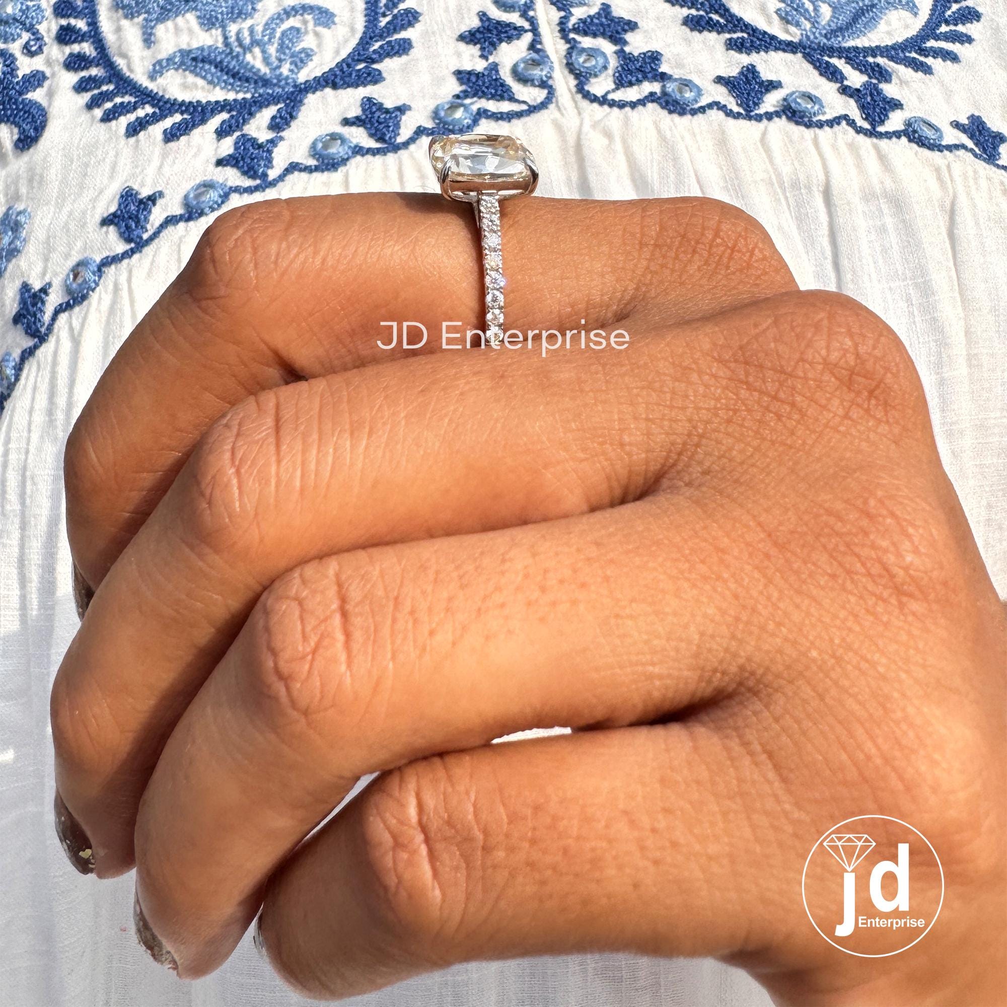 Old Mine Cushion Moissanite Ring, Off-White Moissanite Anniversary Ring, Vintage Style Engagement Ring, Pave Set Moissanite Proposal Ring