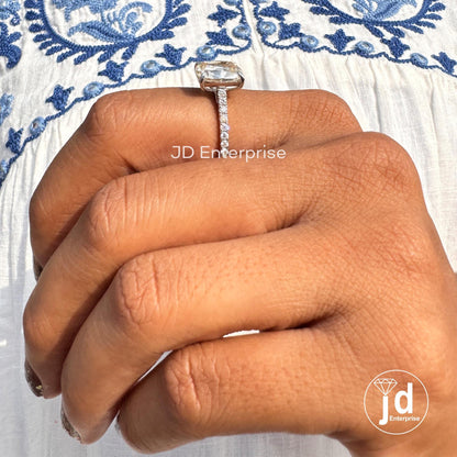 Old Mine Cushion Moissanite Ring, Off-White Moissanite Anniversary Ring, Vintage Style Engagement Ring, Pave Set Moissanite Proposal Ring