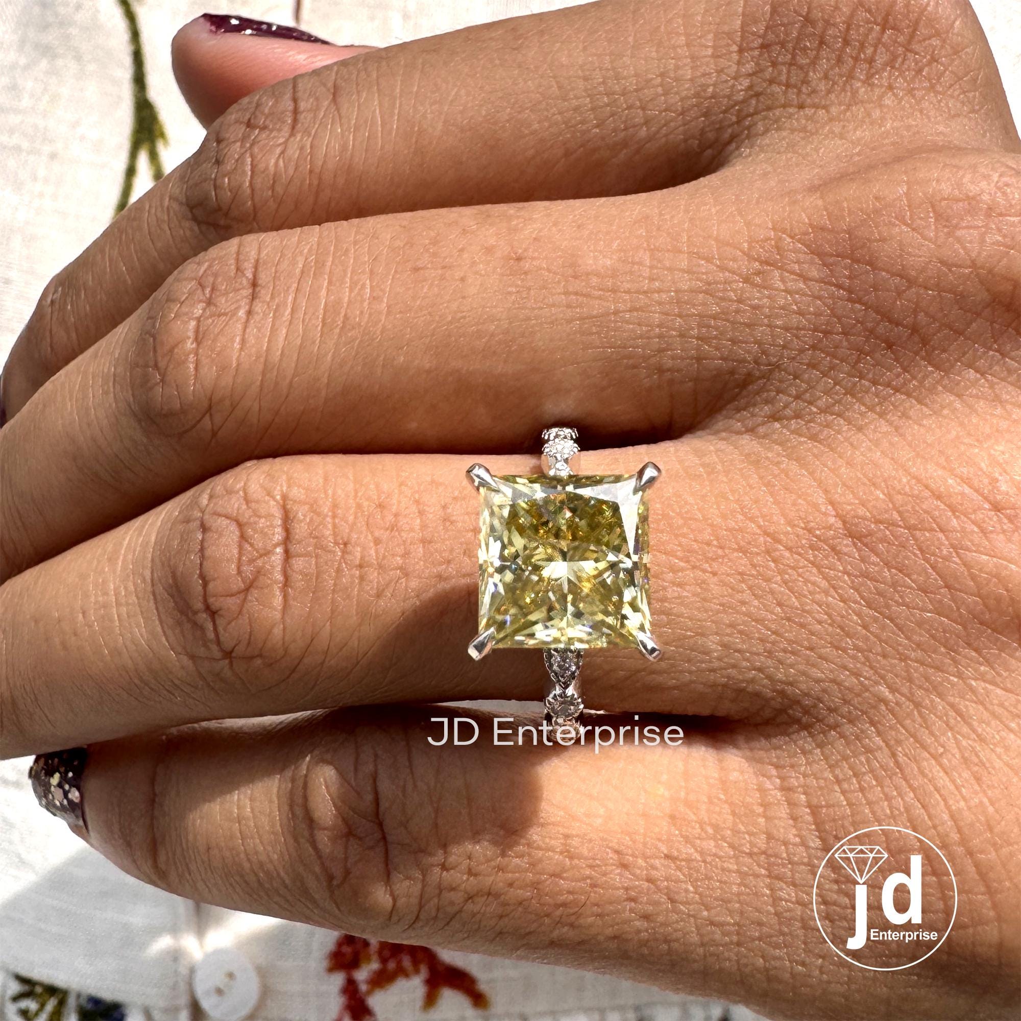 4.50 CT Princess Cut Canary Yellow Moissanite Engagement Ring, Accent Set Wedding Ring, Milgrain Ring, Anniversary Gifts Ring, Proposal Ring