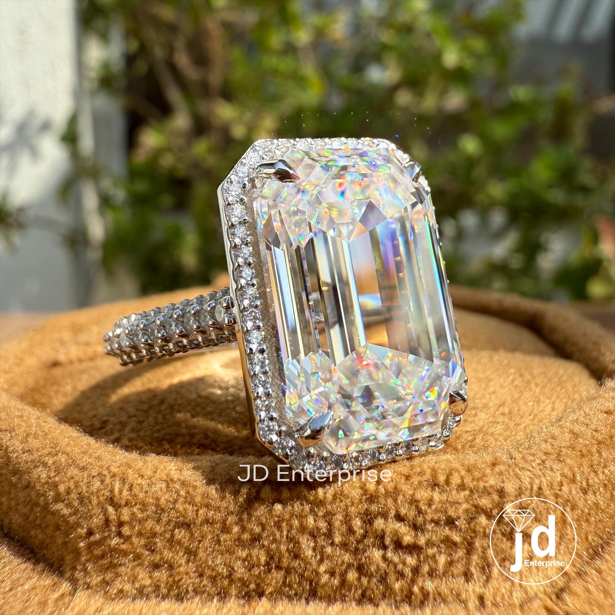 Big 11.00 CT Emerald Cut Colorless Moissanite Engagement Ring, Halo with Hidden Halo Wedding Ring, Celebrity Style Three Side Pave Ring
