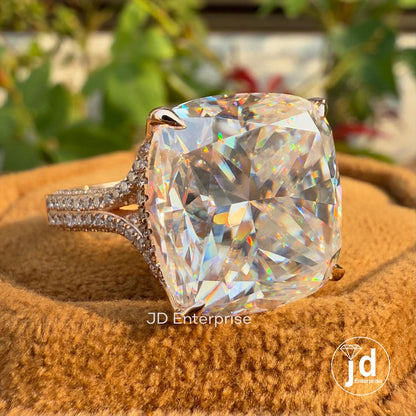 Large 14.50 CT Cushion Cut Moissanite Ring, Hidden Halo Engagement Ring, Pave Split Shank Celebrity Style Wedding Ring, Solid Rose Gold Ring