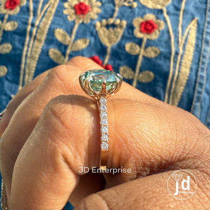 Vintage Engagement Ring, 4.00 CT Portuguese Cut Cyan Blue Moissanite Ring, Claw Prongs Rose Gold Wedding Ring, Accent Anniversary Gifts
