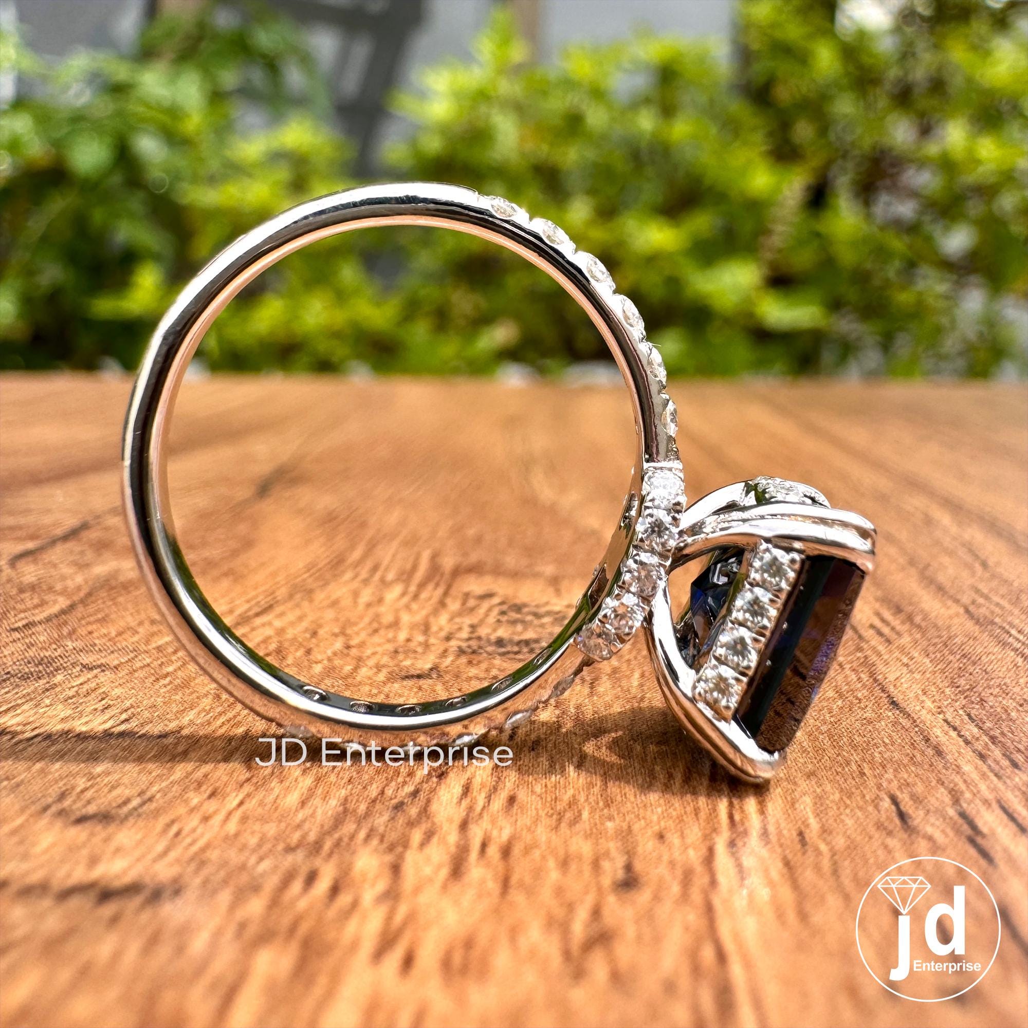 3.06 TCW Dark Blue Radiant Cut Moissanite Engagement Ring, East to West Set Anniversary Ring, Hidden Halo Wedding Ring, Pave Set Bridal Ring