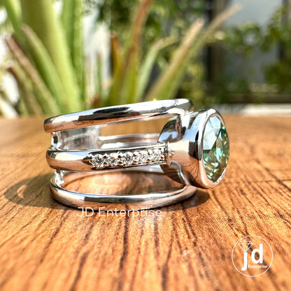 2.00 CT Round Cut Green Moissanite Engagement Ring, Bezel Set Wedding Ring, Three Split Shank Anniversary Ring, White Gold Ring for Women
