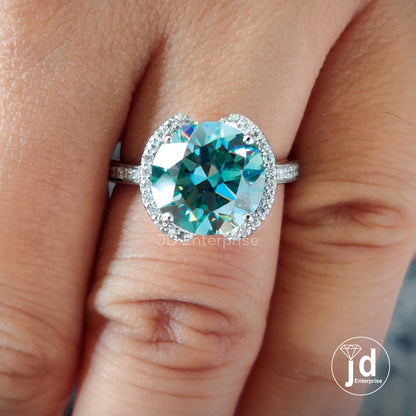 3.60 CT Teal Blue Round Cut Moissanite Half Halo Engagement Ring, Hidden Halo Wedding Ring, Bridal Ring, Pave Set Anniversary Ring, Bridal