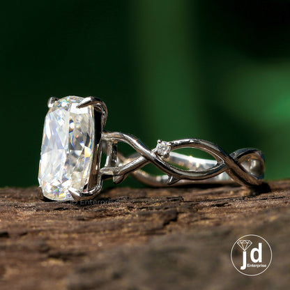 2.50 CT Colorless Cushion Moissanite Engagement Ring, Nature Inspired Twisted Band Wedding Ring, Art Deco White Gold Ring, Anniversary Gifts