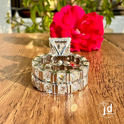 10.23 CT Large Radiant Cut Moissanite Engagement Ring, Celebrity Style Wedding Ring Set, Hidden Halo Bridal Ring Set, Bar Set Eternity Band