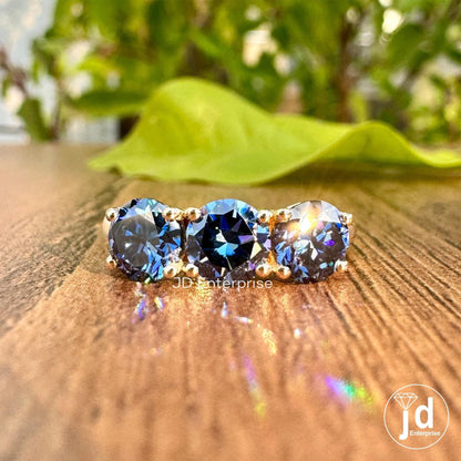 1.50 TCW Round Cut Antique Dark Blue Moissanite Engagement Ring, Three Stone Ring, White Gold Promise Ring, Wedding Ring, Anniversary Gift