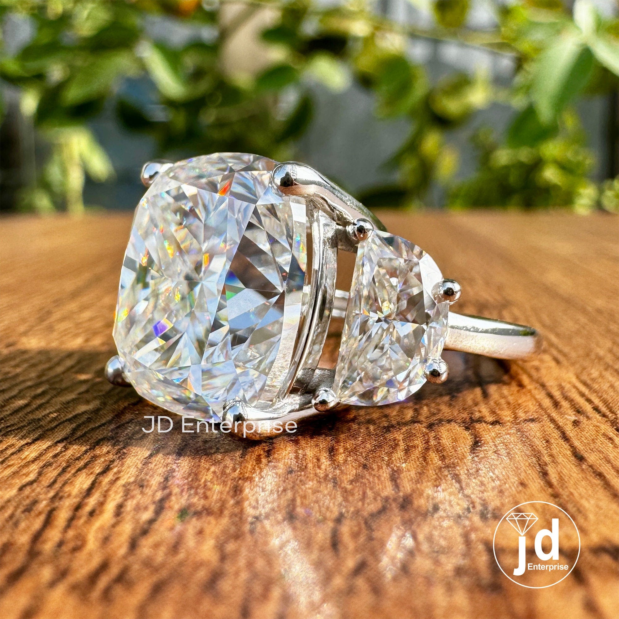 14.50 CT Crushed Ice Cushion & Half Moon Cut Moissanite Engagement Ring, Three Stone Wedding Ring, Big Size Moissanite Ring for Women