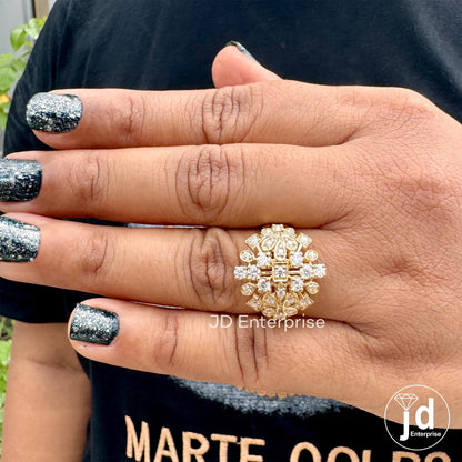 Cocktail Rhombus Bridal Ring, Cluster Set Moissanite Ring, Floral Style Round Cut Moissanite Engagement Ring, 18k Yellow Gold Wedding Ring