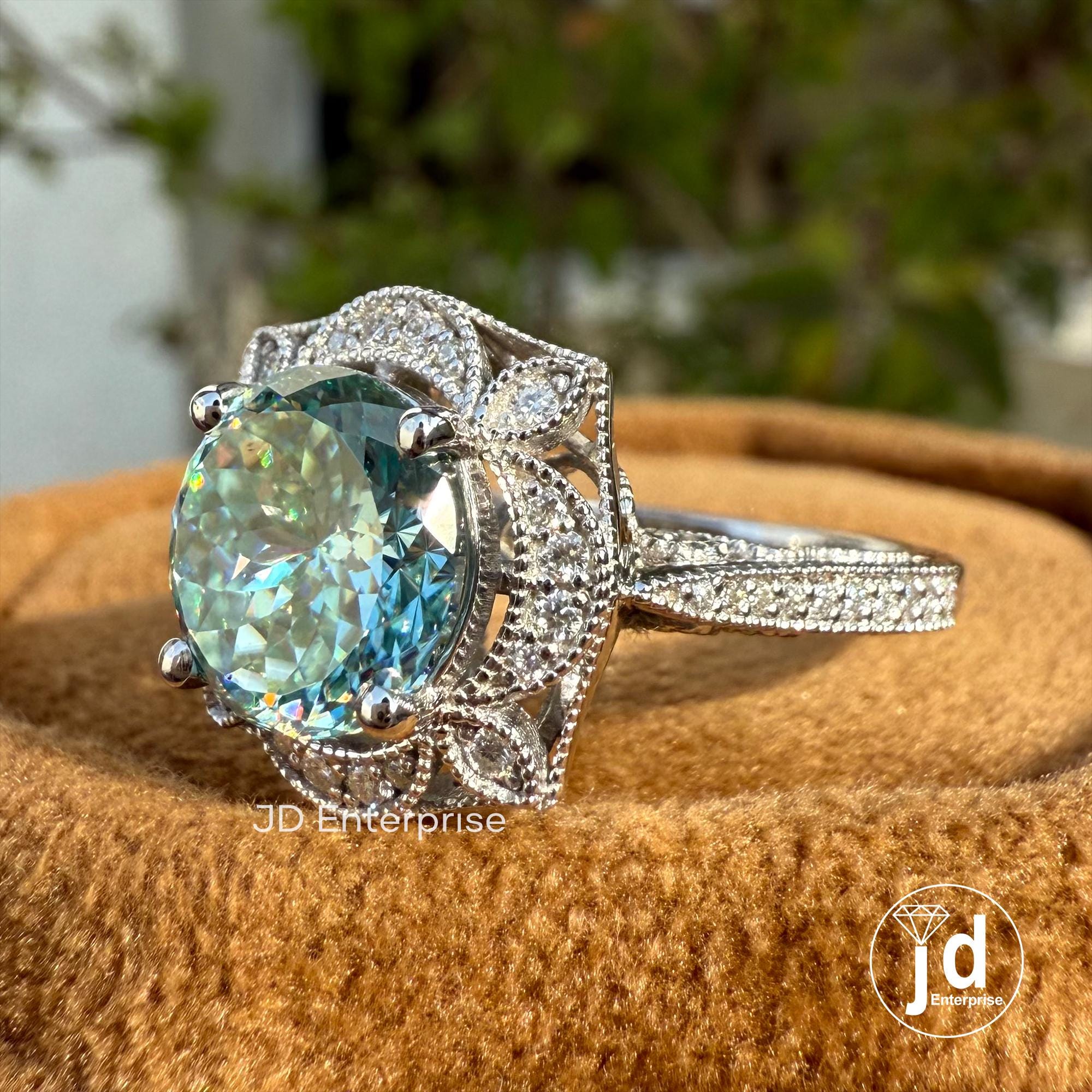 2.50 CT Cyan Blue Portuguese Halo Engagement Ring, Art Deco Wedding Ring, Nature Inspired Floral Ring, Vintage Filigree Anniversary Ring