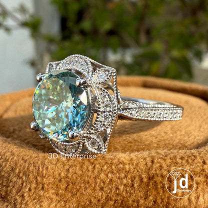 2.50 CT Cyan Blue Portuguese Halo Engagement Ring, Art Deco Wedding Ring, Nature Inspired Floral Ring, Vintage Filigree Anniversary Ring