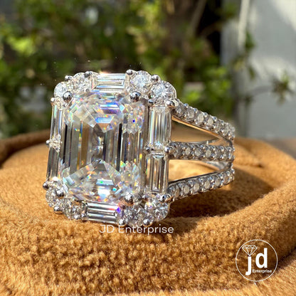 Big Emerald Cut 5.0 CT Colorless Moissanite Engagement Ring, Baguette & Round Halo Wedding Ring, Pave Split Shank Large Celebrity Style Ring