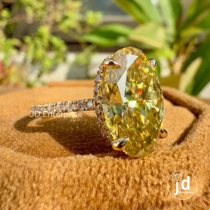 Oval Cut Canary Yellow Moissanite Engagement Ring, Hidden Halo Ring, Wedding Ring, 3/4 Pave Set Bespoken Ring, Anniversary Ring, Bridal Ring