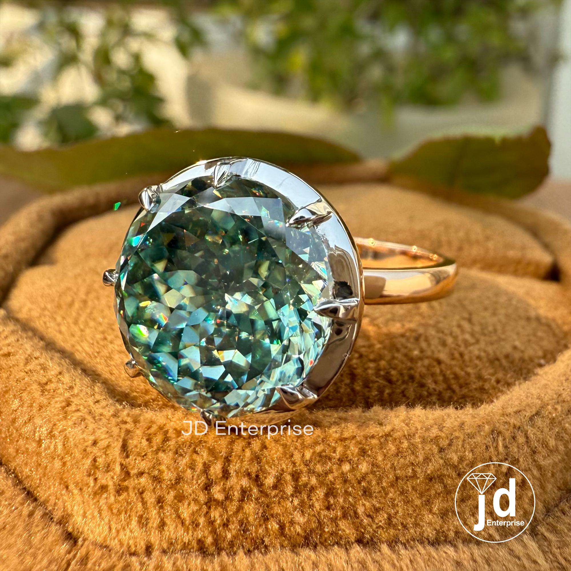 Two-Tone Bezel Engagement Ring, 7.75 CT Portuguese Cut Greenish Blue Moissanite Ring, Classic Solitaire Wedding Ring, Anniversary Gift