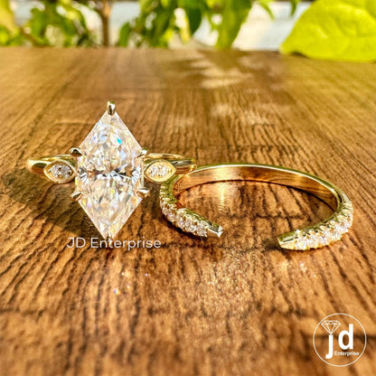 3.00 CT Dutch Marquise Moissanite Engagement Ring Set, Half Eternity Open Gap Wedding Band, Art Deco Wedding Ring Set, Bridal Ring Set