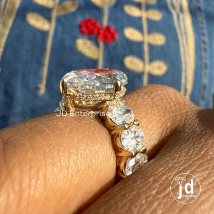 Large Oval Moissanite Engagement Ring, Hidden Halo With Wide Band, 13.0 TCW Oval Wedding Ring, Big Oval Cut Celebrity Style Yellow Gold Ring