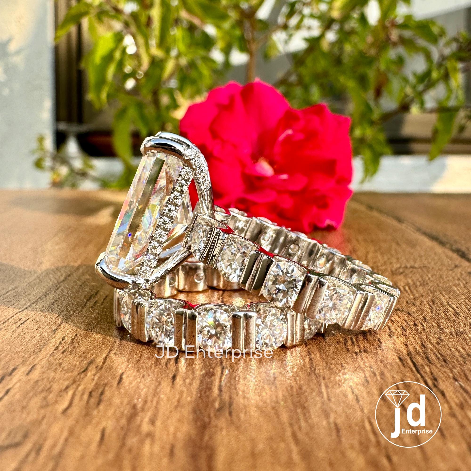 10.23 CT Large Radiant Cut Moissanite Engagement Ring, Celebrity Style Wedding Ring Set, Hidden Halo Bridal Ring Set, Bar Set Eternity Band