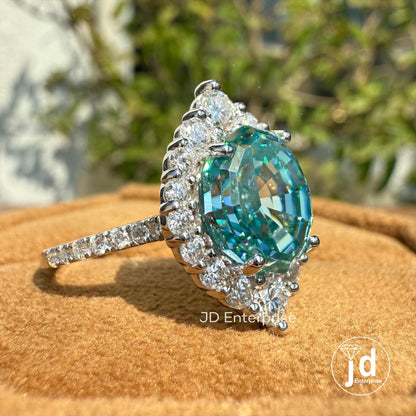 3.00 CT Blue Oval Step Cut Moissanite Engagement Ring, Cluster Halo Wedding Ring, Pave Set Bridal Ring, Anniversary Gifts Ring, Promise Ring
