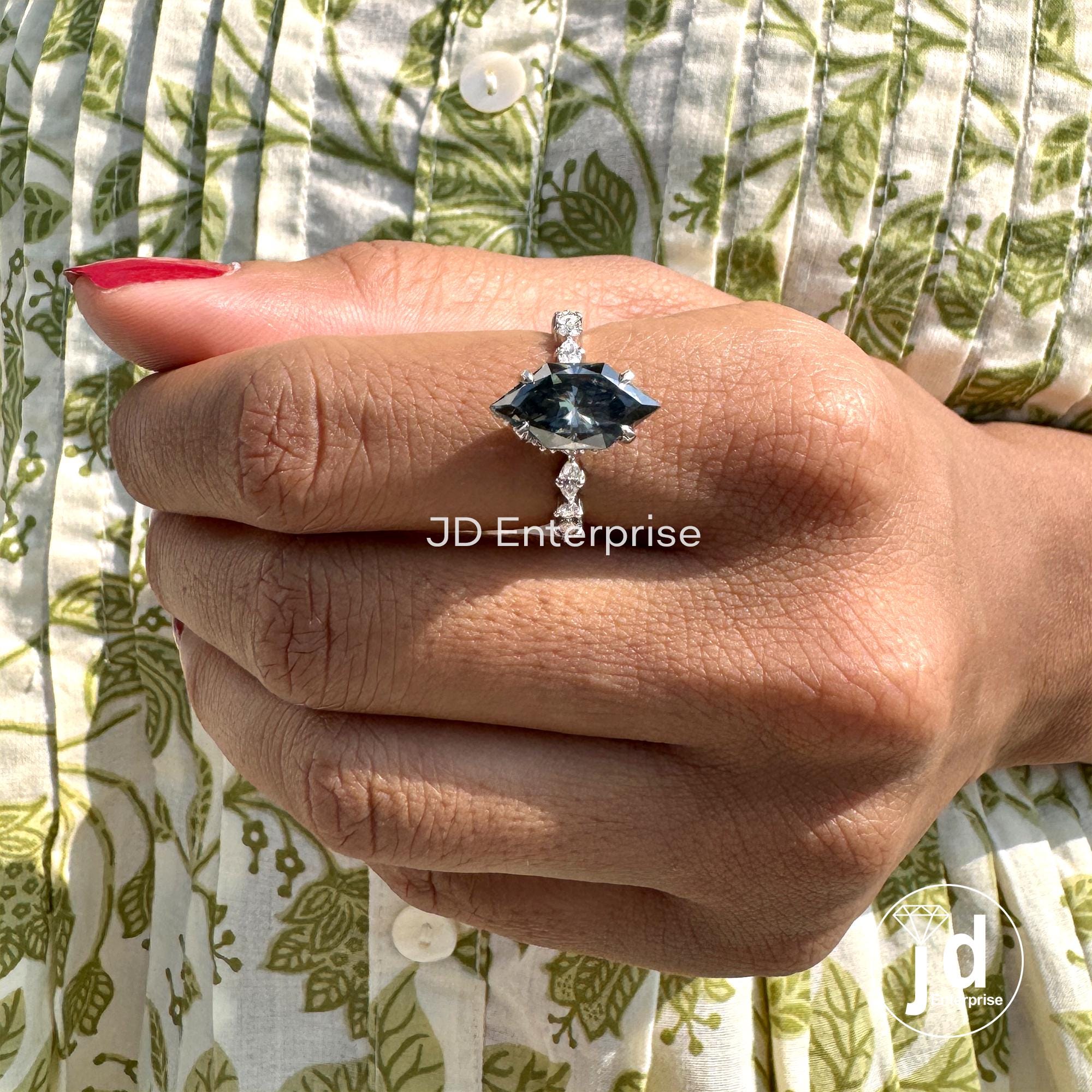 Dutch Marquise Cut Dark Grey Moissanite Engagement Ring, 3.00CT Moissanite Hidden Halo Wedding Ring for Women, Claw Prongs, Comfort Fit Ring