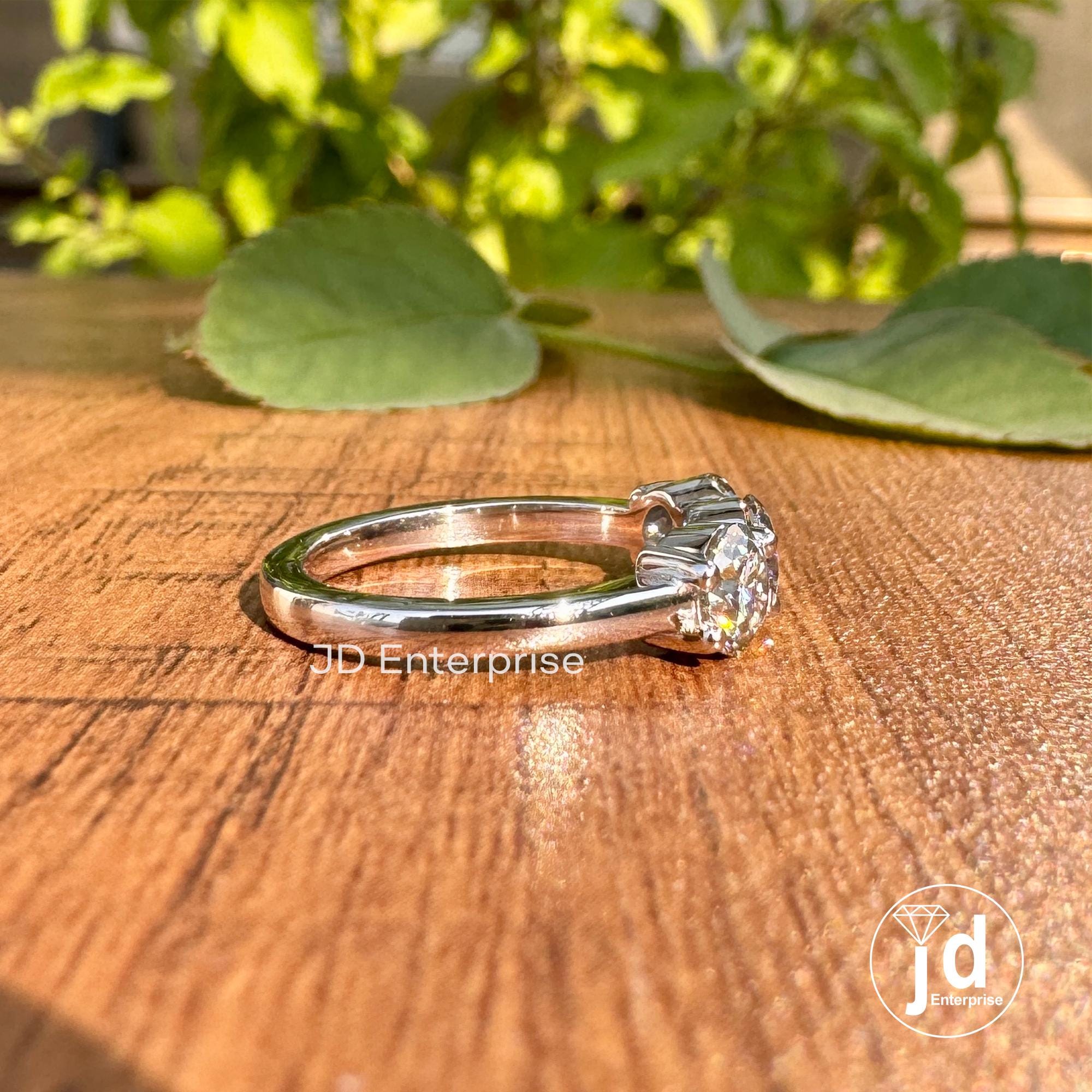 1.50TW Round Cut Light Grey Moissanite Engagement Ring, Three Stone Wedding Ring, White/Yellow/Rose Gold Promise Ring, Anniversary Gift