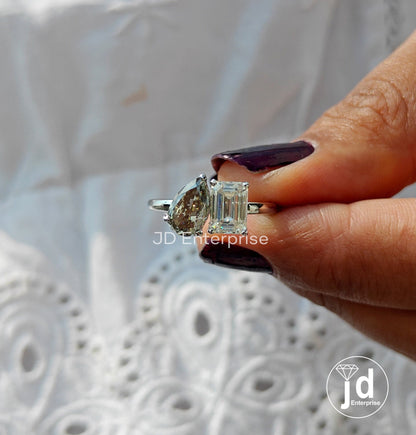 Colorless & Light Grey Moissanite Toi Et Moi Ring, Emerald and Pear Cut Two Stone Ring, White Gold Wedding Ring, Anniversary Gift, Bridal