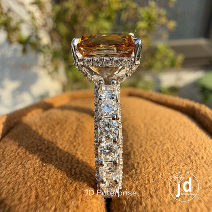 3.0 CT Criss Cut Champagne Color Moissanite Engagement Ring, Three Side Pave Wedding Ring, Hidden Halo Ring, Micro Pave Setting