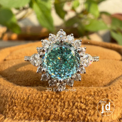 Sunburst Halo Engagement Ring, 2.00 CT Portuguese Cut Cyan Blue Moissanite Wedding Ring, Pave Set Ring, Anniversary Gift Ring, Promise Ring