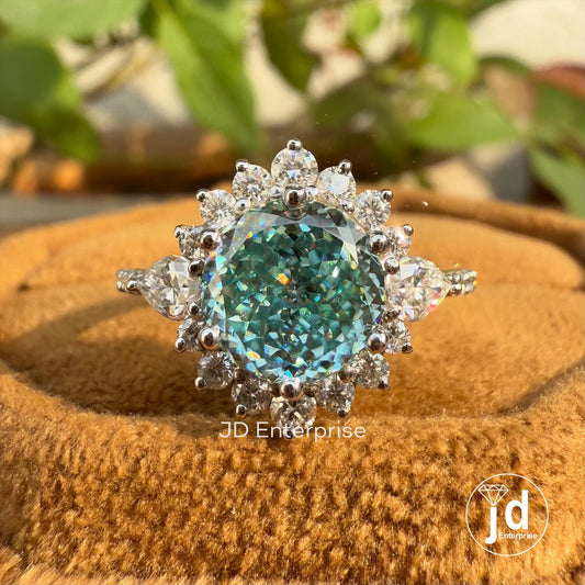 Sunburst Halo Engagement Ring, 2.00 CT Portuguese Cut Cyan Blue Moissanite Wedding Ring, Pave Set Ring, Anniversary Gift Ring, Promise Ring