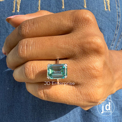 Emerald Moissanite Ring, Solitaire Moissanite Wedding Ring, Greenish Blue Moissanite Engagement Ring, Double Claw Prongs, Anniversary Ring