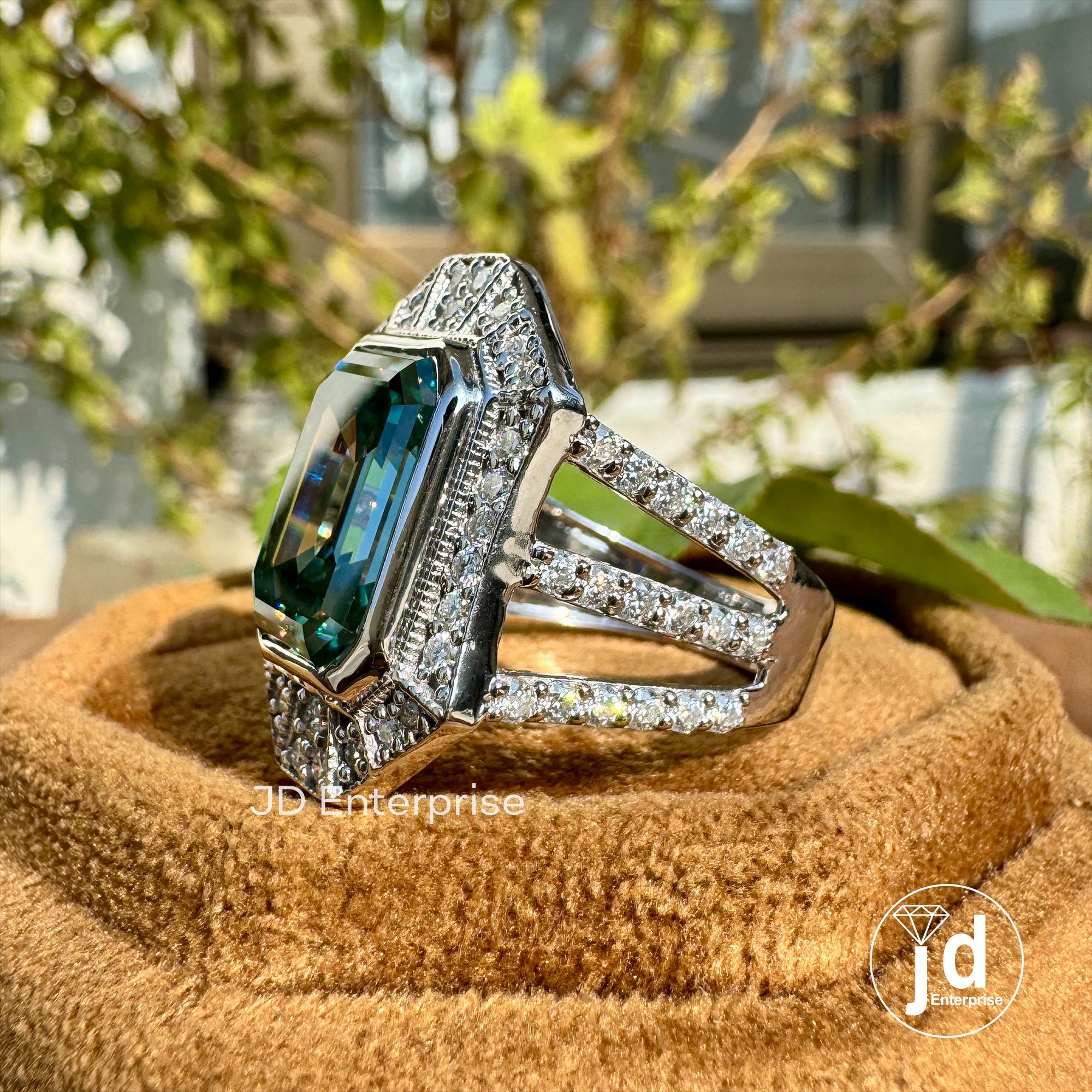 6.50 CT Bezel Set Emerald Cut Bluegreen Moissanite Engagement Ring, Celebrity Style Halo Wedding Ring, Split Pave Bridal Ring, Anniversary