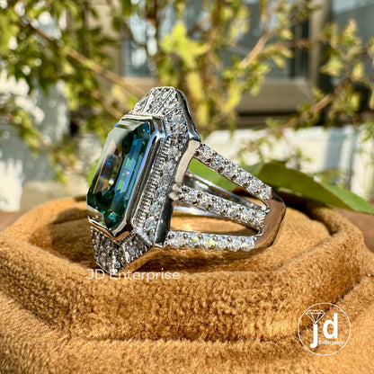 6.50 CT Bezel Set Emerald Cut Bluegreen Moissanite Engagement Ring, Celebrity Style Halo Wedding Ring, Split Pave Bridal Ring, Anniversary