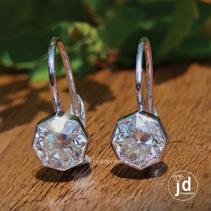 3.00 TCW Octagon Cut Moissanite Dangle Earrings, Bezel Set Bridesmaid Earrings, Wedding Earrings for Women, Leaver Back, Anniversary Gift