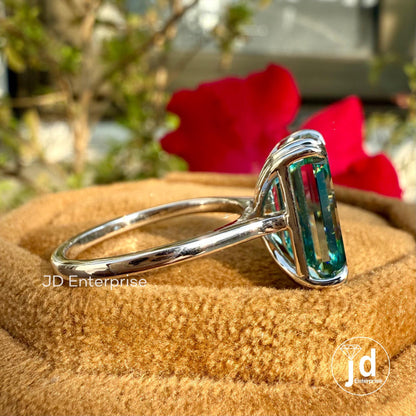 Emerald Moissanite Ring, Solitaire Moissanite Wedding Ring, Greenish Blue Moissanite Engagement Ring, Double Claw Prongs, Anniversary Ring