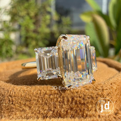 Three Stone Emerald Cut Moissanite Engagement Ring, 6.50 TCW Colorless Emerald Cut Wedding Ring, Claw Prongs, Bridal Ring, Anniversary Gifts