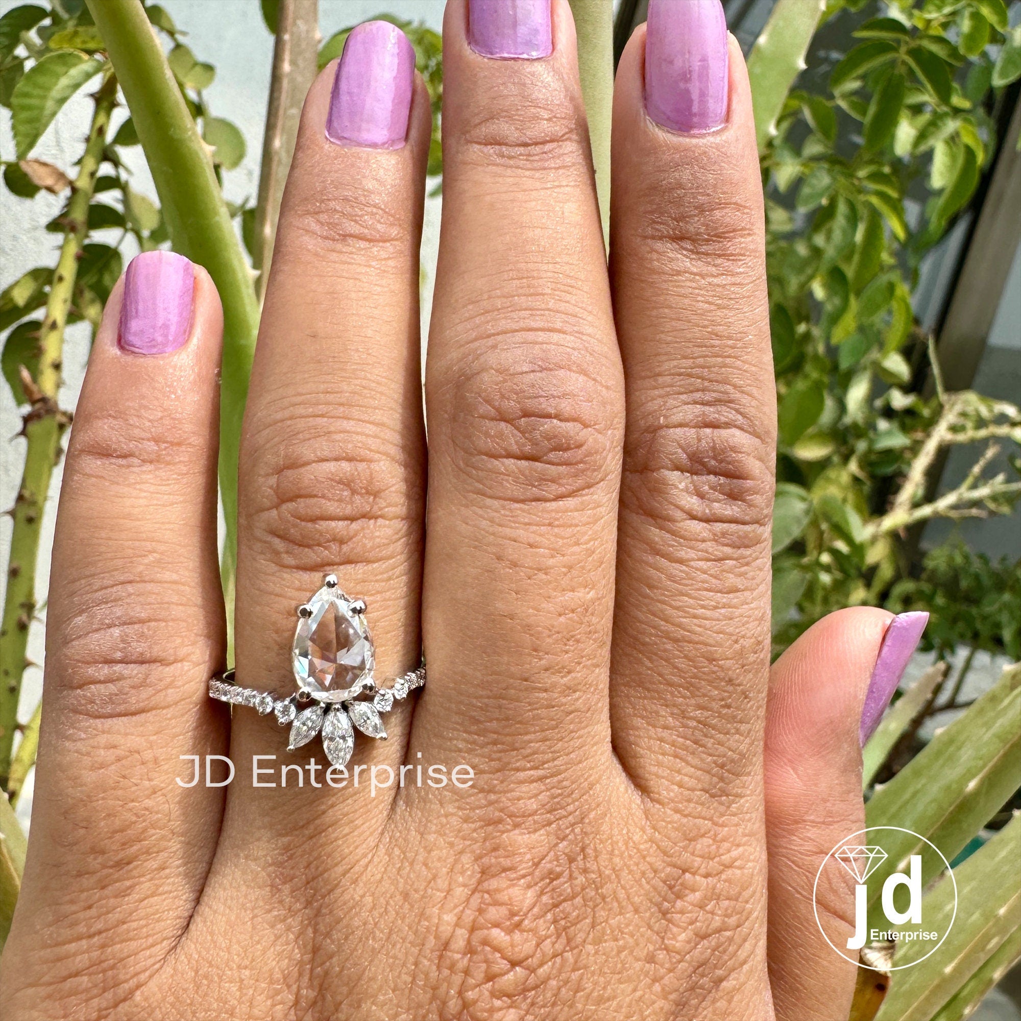 1.50 CT Colorless Rose Cut Pear Moissanite Vintage Ring, With Marquise Cut Curved Band, Solitaire Pear Wedding Ring, Solid Gold Bridal Ring