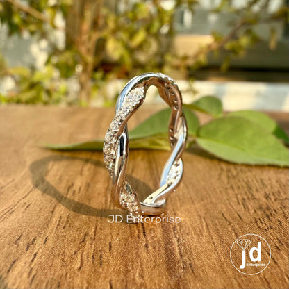 Infinity Twisted Moissanite Ring, Colorless Round Cut Moissanite Wedding Band, Moissanite Eternity Band, Dainty Stacking Band, Proposal Band