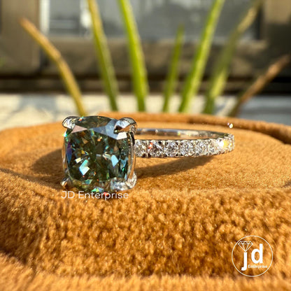 Cushion Moissanite Wedding Ring, 1.50 CT Blue Green Moissanite Bridal Ring, Accent Set Engagement Ring, 10K White Gold Anniversary Gift Ring