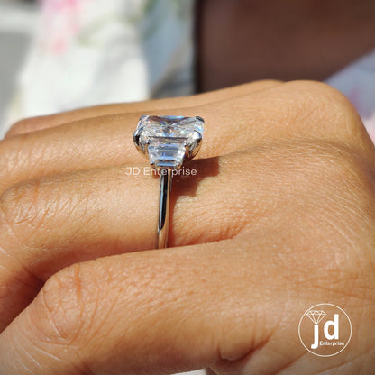 4.00 TW Colorless Radiant Cut Moissanite Ring, Side Trapezoid Moissanite, Three Stone Engagement Ring, Claw Prongs, Wedding Ring, Bride Ring
