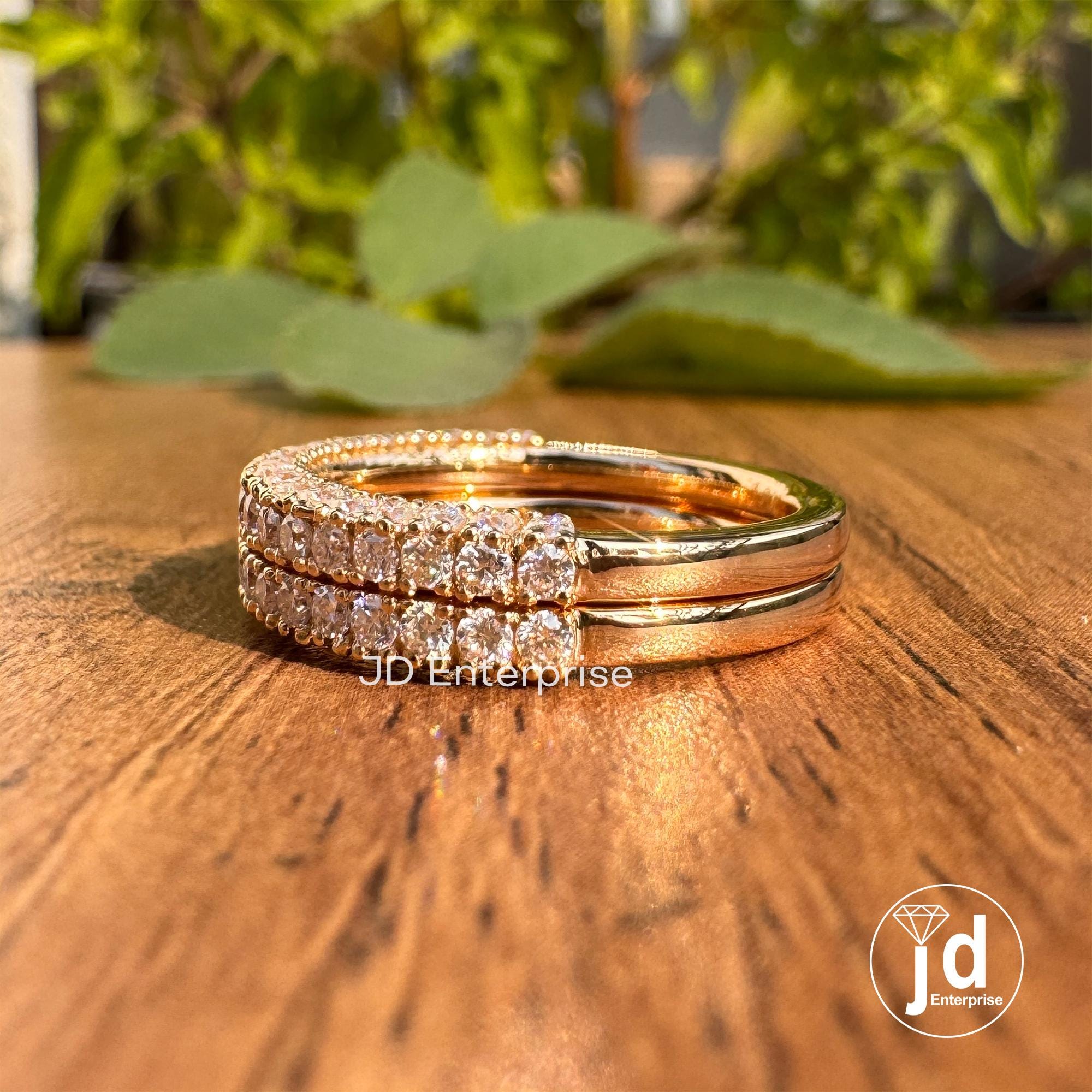 Two Row Pave Wedding Band Set, Moissanite Half Eternity Band, Two Matching Band for Trio Ring Set, Anniversary Gift Band for Engagement Ring